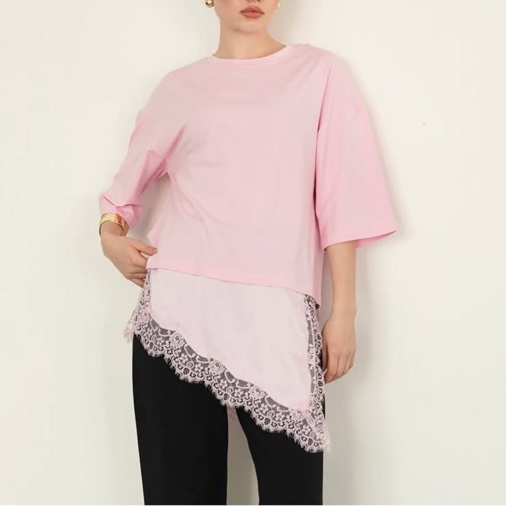 Pink Asymmetric T Shirt with Lace Hem Detail
